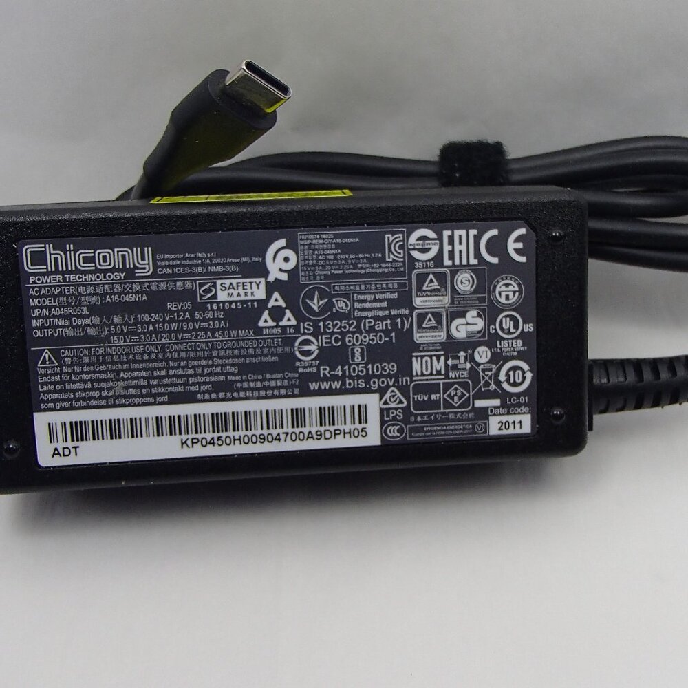 Chicony 20V 2.25A USB-C Acer Chromebook R 13 / 14 / 11 TAB 10 A16-045N1A Charger